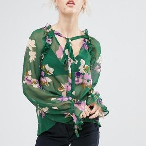 NWT ASOS Sheer Green Floral Ruffle Detail …